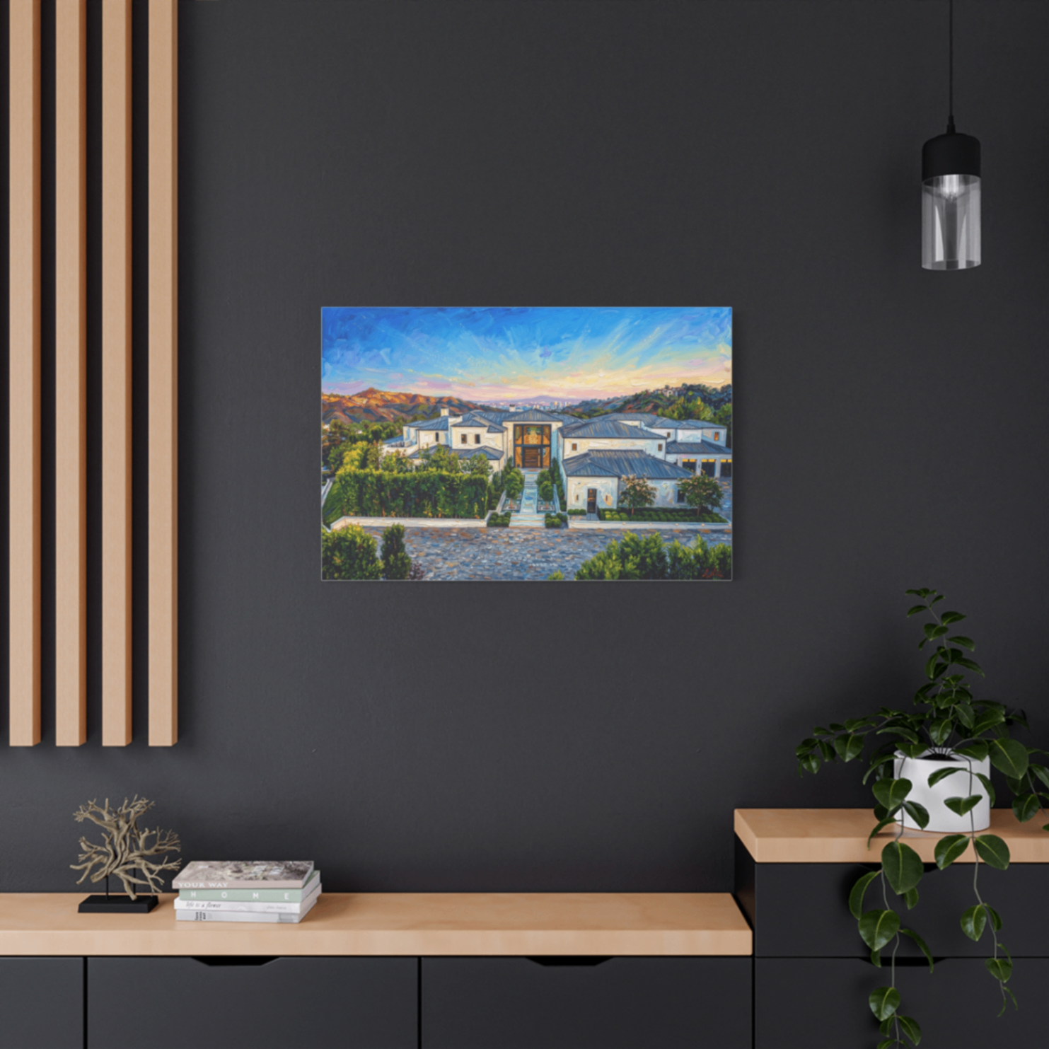 A modern estate portrait, hung above a walnut console
